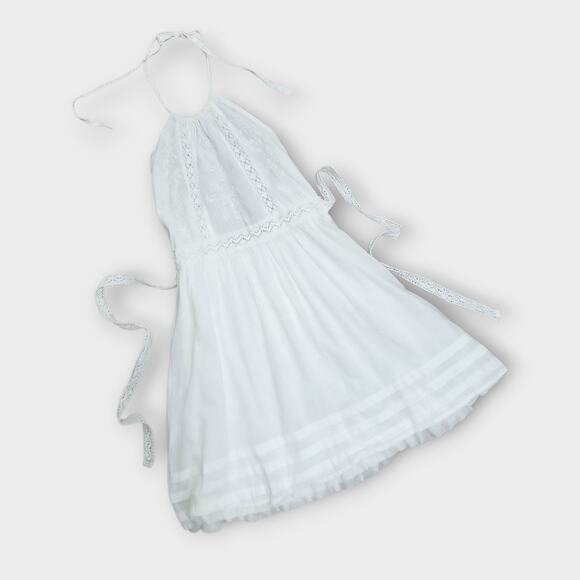 Dzarm White Halter Mini Dress Womens Small Summer Sundress Beachy Boho Cottage - Picture 1 of 11